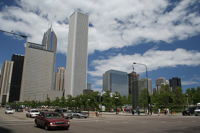 Aon Center in center, to the right Two Prudential Plaza